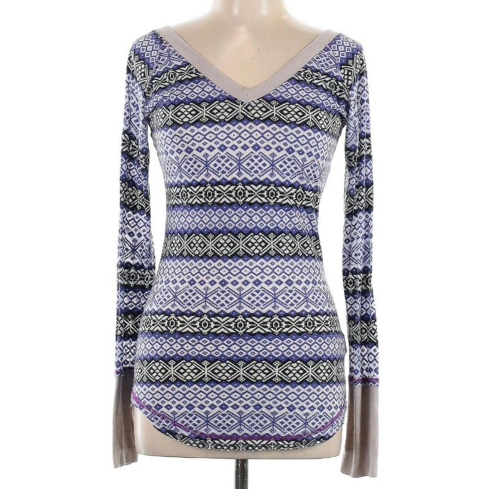Free People Blue and Black Patterned Blouse